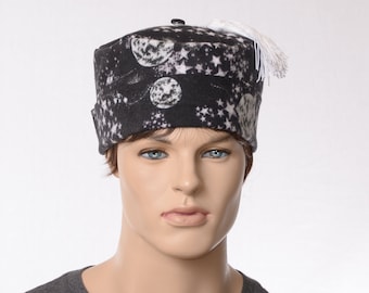 Cotton Nightcap Black with Moon Stars and Sun Print Victorian Night Cap Lounging Smoking Hat Flannel Round  Gift for Him Gentlemen
