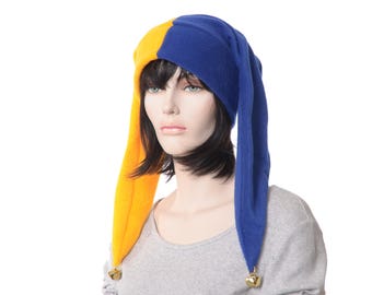 Court Jester Harlequin Hat Blue and Gold Extra Long Harlequin Made of Fleece Adult Men and Women Clown Renaissance Faire