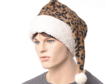 Santa Hat Leopard  Brown Fleece with Sherpa Cuff – Cozy Leopard Santa Stocking Cap for Adults