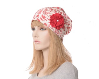 Cotton Beanie Slouchy Red White Cottagecore Print Botanical Wildlife Flower Embellishment Headcover Chemo  Adult Women Men