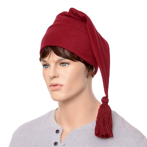 Stocking Cap in Burgundy Made of Fleece Pointed Tail Hat Tassel Long Beanie Maroon Adult Mens Women Hat