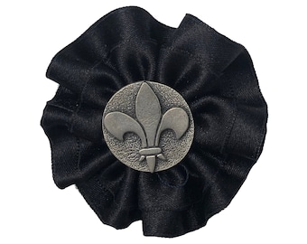 Black Cockade Mardi Gras Fleur de Lis Satin Ribbon Double Layered Hat Trim Brooch  Rosette Cosplay Handmade