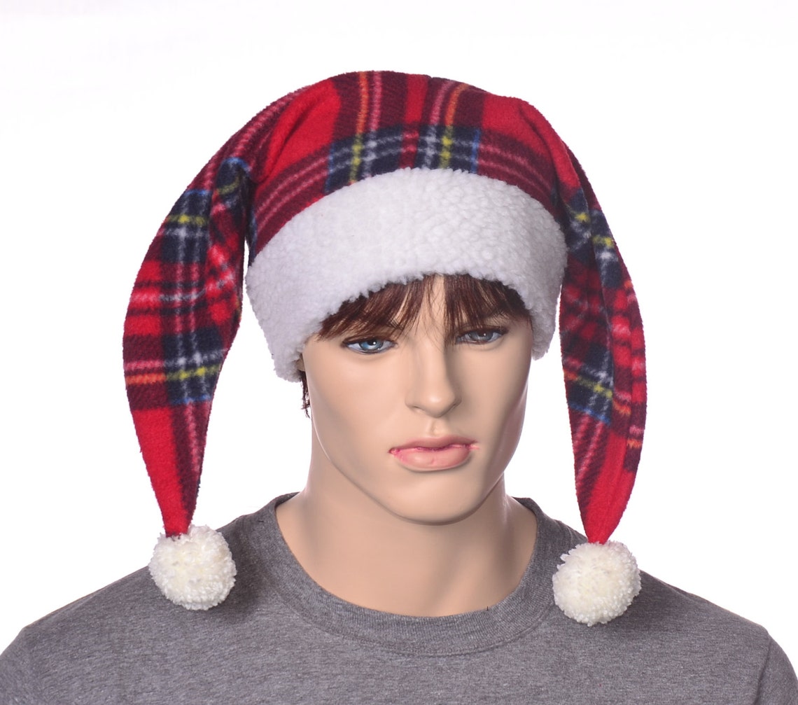 Christmas Jester Hat Plaid Cream White Sherpa Headband Tail Etsy