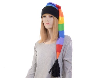 Stocking Cap Rainbow Stripe Pride Hat Long Black Headband Tassel Waist Length Pointed Fleece Adult Men Women