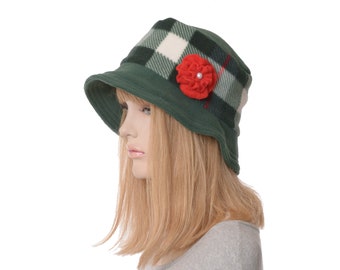 Fleece Bucket Hat Green with Green White and Red Plaid Flower Adult Women