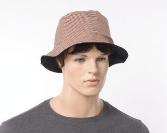 Bucket Hat – Woodland Plaid Cotton, Forestcore Forager Hats, Dark Brim, Hiking Accessory Adult Men Women