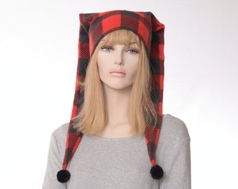 Stocking Cap Two Pointed Red Black Buffalo Plaid Back Facing Pompoms Fleece Adult Men Women  Warm Winter Hat Hoiday Har