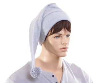 Stocking Cap Light Gray with Pompom Pointed Beanie Fleece Adult Men Woman Elf Hat Pointy Hat Warm Winter Hat
