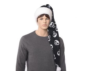Goth Santa Hat Skulls on Black with White Sherpa Headband Adult Men Women Gothic Christmas Hat Fleece Pompom Waist Length