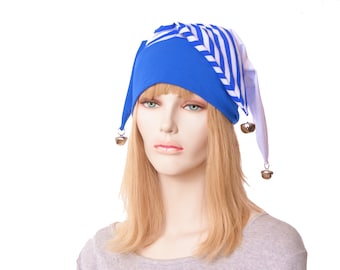 Jester Cap Royal Blue and White Cotton Striped Lightweight Three Pointed Silver Bells Adult Men Women Fool Hat Renaissance Fair