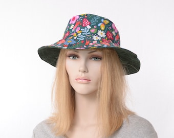 Bucket Hat – Mushroom & Wildflower Print, Forest Green Brim, Cottagecore Forager Cap, Festival Wear Adult Men Women