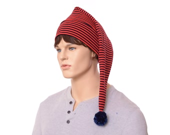 Stocking Cap Red Navy Ribbed Poly Knit With Pompom Stocking Cap Shoulder Length Adult Men Women