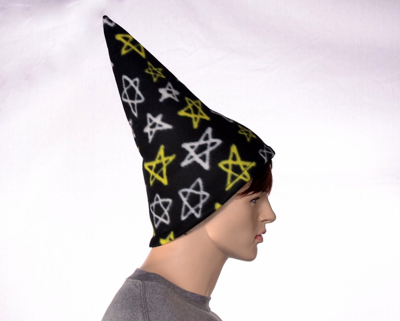 Black Wizard Hat with 5 Pointed Stars in White and Yellow Tall Pointed Cap Fleece Mens Costume Hat Magicians HatLong