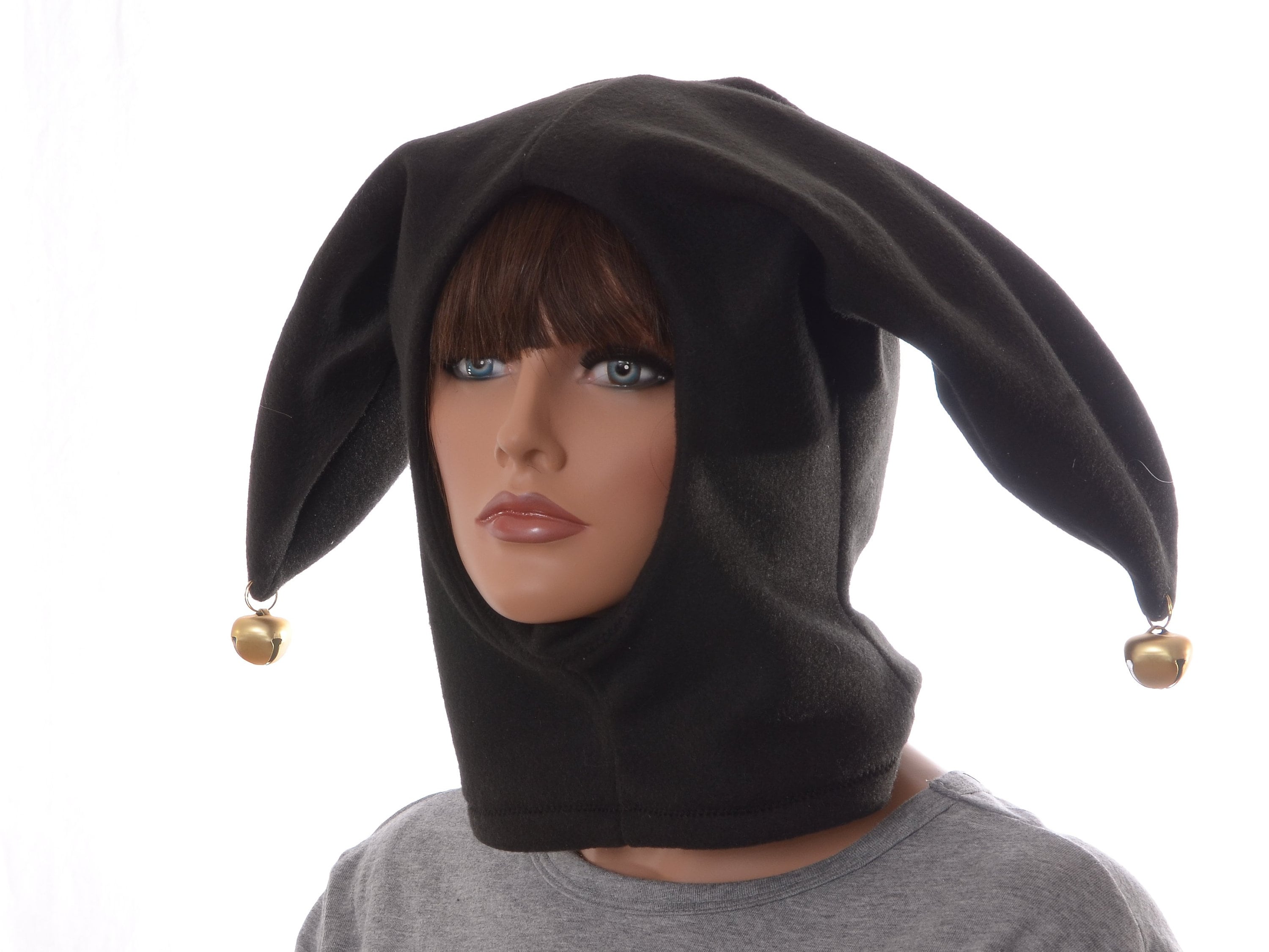 Black Jester Hood Hat Made of Fleece with Gold Bells Harlequin Cap Pom