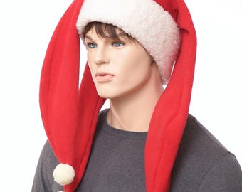 Red Fleece Holiday Stocking Hat Three-Tail Santa Elf Hat with Sherpa Band Warm Winter Festival Hat  Cozy Christmas Jester Cap