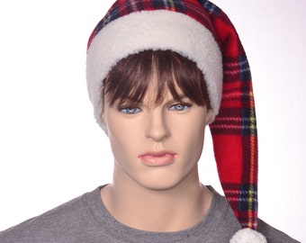 Santa Hat Plaid Elf Hat Red  Stewart Tartan Fleece Cap Sherpa Headband Mens Plaid Fuzz Ball Pompom Adult