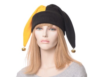 Jester Hat Black Yellow Harlequin Cap Bells Fleece Costume Fool Cosplay Two Pointed Adult Men Women