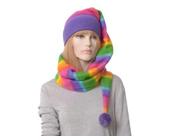 Neon Rainbow Extra Long Stocking Cap Wrap Around Scarf Hat 5 ft long Pompom Neon Colors Tail Hat Fleece Adult Men Women