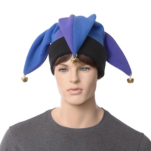 Jester Hat:  Purple Blue Harlequin Cap with Bells Three Point Black Headband Adult Men Women Ren Faire