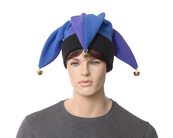 Jester Hat Purple Blue Black Three Point Harlequin Cap with Bells Fleece Mardi Gras Carnival Adult Men Women Cosplay Renaissance Fair