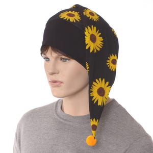 Night Cap Sunflower Black Pointed Nightcap Gift Flower Pompom Cotton Adult Men Women Chemo Sleep Hat Cottage Core Sleep Hat