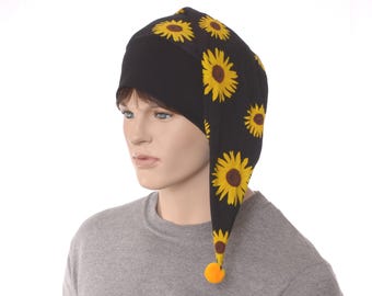 Night Cap Sunflower Black Pointed Nightcap Gift Flower Pompom Cotton Adult Men Women Chemo Sleep Hat Cottage Core Sleep Hat