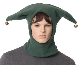 Jester Hood Dark Green Hat Fleece with Gold Bells Harlequin Cap Two Pointed Cosplay Handmade Balaclava Adult Men Women