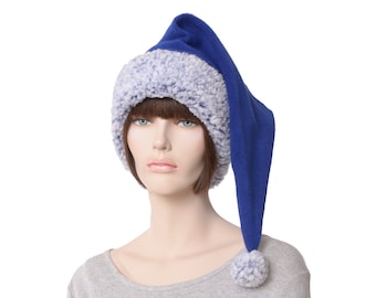 Handmade Blue Fleece Stocking Cap with Pompom Sherpa Headband, Warm Winter Hat Adult Men Women Blue Santa Hat