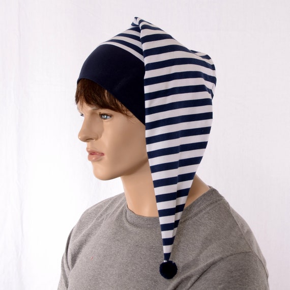 Night Cap Navy Blue and White Striped Cotton Sleep Hat With  display picture 2