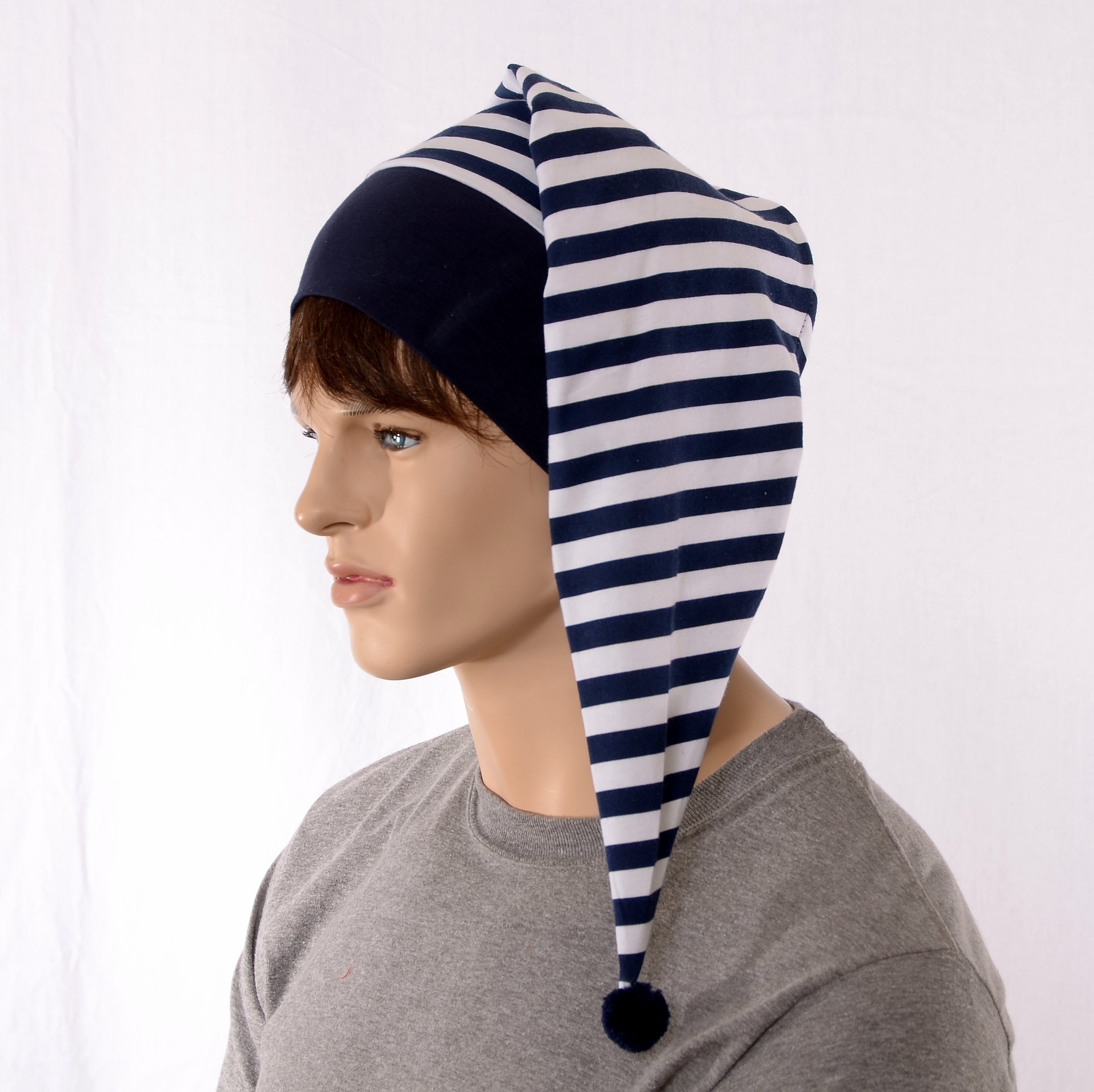 Night Cap Navy White Striped Nightcap with Pompom Cotton Adult Men ...