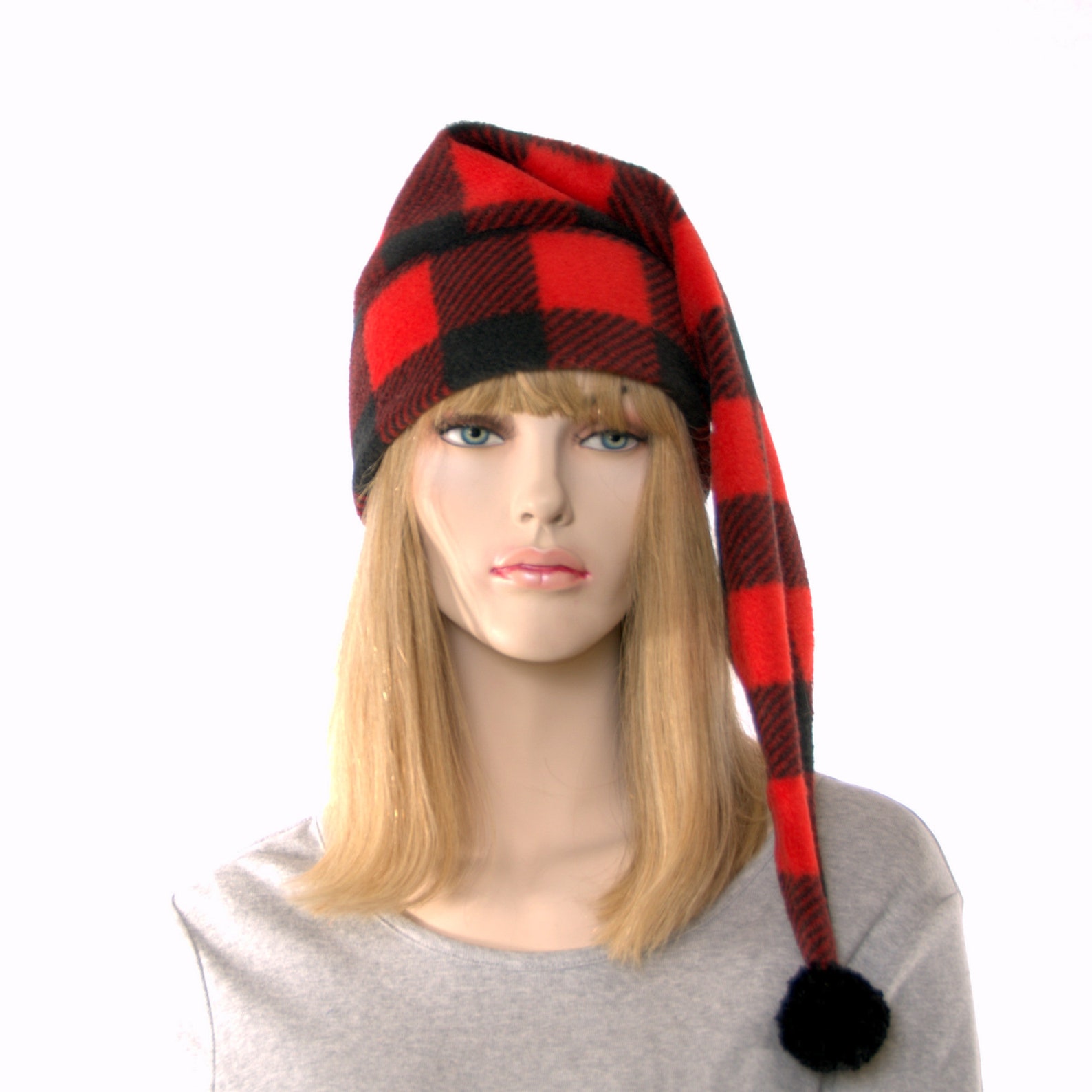 Buffalo Plaid Stocking Cap Red Black Pompom Fleece Hat Etsy