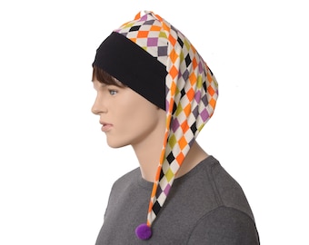 Harlequin Hat Night Cap Checkered Diamond Pompom Cotton Adult Men Women Jester Hat Nightcap Cosplay Clown Costume Multi-Color