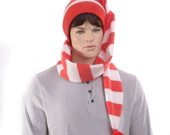 Holiday Stocking Cap Red White Stripe Extra Long Christmas Wrap Around Scarf Hat  Wuth Pompom Adult Men Women
