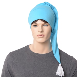 Turquoise Cotton Nightcap – Shoulder-Length Sleep Hat with Tassel Fantasy Storybook Style For Adult Men or Women Elf Cap