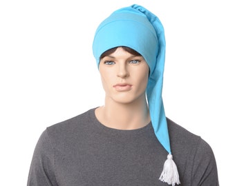 Turquoise Cotton Nightcap – Shoulder-Length Sleep Hat with Tassel Fantasy Storybook Style For Adult Men or Women Elf Cap