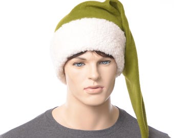 Santa Hat – Holly Green Fleece with Ivory Sherpa Cuff, Woodland Christmas Stocking Cap for Adults