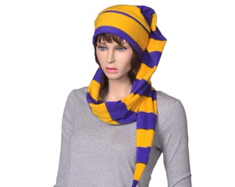 Wrap Around Stocking Cap Striped Purple Yellow Gold Scarf Hat 5 ft Super Long Coil Cheer Unisex Adult Men Women Handmade Gift