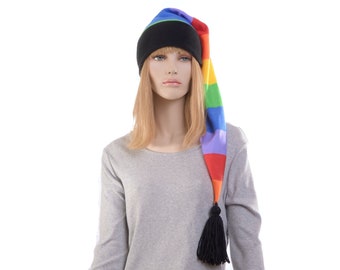 Rainbow Stocking Cap Stripe Pride Hat Long Black Headband Tassel Waist Length Pointed Fleece Adult Men Women