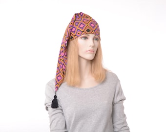 Colorful Geometric Nightcap Soft Long Tail Cotton Sleep Hat with Tassel • Bright Boho Bedtime Cap