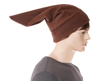 Fleece Elf Hat: Long Pointed Brown Stocking Cap, Handmade
