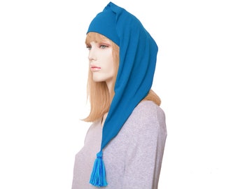 Nightcap Peacock Blue Cotton : Handmade Sleep Hat with Tassel Adult Men Women Night Cap