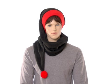 Black Wrap Around Stocking Cap Made of Fleece Warm Winter Hat Red Headband and PomPom Adult Men Women Long Coiling Scarf Hat