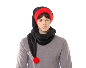 Wrap Around Stocking Black Red Headband and PomPom Adult Men Women Long Scarf Hat