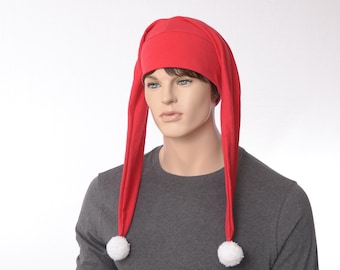 Jester Hat Harlequin Cap Lightweight Cotton Red White Pompom Two Tail Cotton Mardi Gras Carnival Cosplay