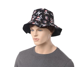 Bucket Hat Wide Brim Cotton Skull and Crossbones Print, Whimsical Beachwear, Sun Shade, Festival, Treasure Hunt