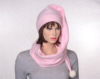 Wrap Around Long Stocking Cap Pastel Pink Scarf Hat Soft Tail Hat Pompom Warm Winter Fleece Women Men Adult