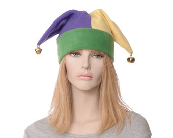 Jester Hat Purple Green Yellow Made of Fleece Harlequin Cap Mardi Gras Two Pointed with Bells Cosplay Adult Men Women