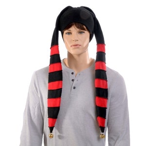 Long Jester Hat Red Black Stripes  Fleece Three Tail Point Horns Bells Cosplay Handmade Adult Men Women Ren Fair