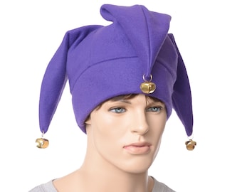 Jester Hat Soft Purple Fleece: Three Pointed with Gold Bells for Adult Men Women Renaissance Fair
