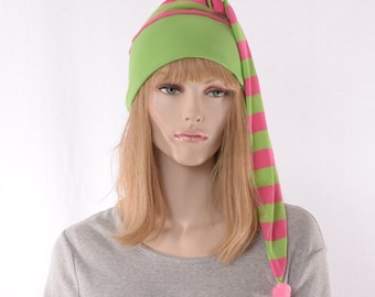 Sleep Hat NightCap Green Pink Stripe Pointed Hat Cotton Night Cap Elf Hat Headcover Chemo Cap